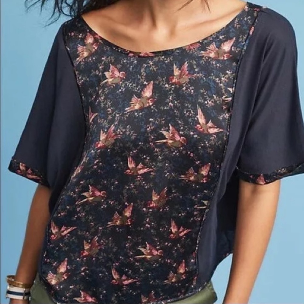 Anthropologie Tiny Floral Navy Bird Crop Top